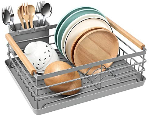 BRIAN & DANY Escurreplatos con Mango de Madera, Escurridor de Platos, Soportes para Platos, 42 x 30 x 15 cm, Gris