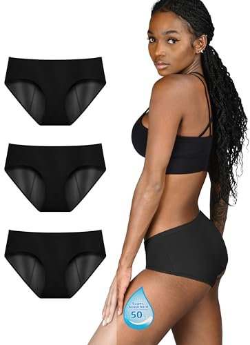 TIICHOO Periodenunterschwäsche Starke Blutung Bequem Perioden Unterwäsche 3er Pack (M, 3 Schwarz)