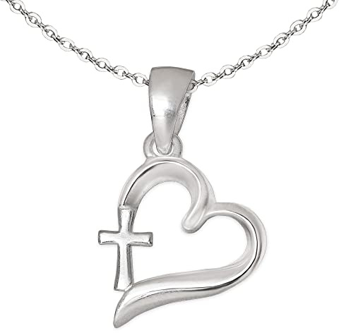 CLEVER SCHMUCK Kreuzkette im Herz Silber 19 mm & Ankerkette 40 cm für Kinder Geschenk zur Taufe 925 Sterling im Taufe Etui