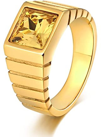 Whoiy Siegelring Eckig, Signet Ring Men 10mm Edelstahl Punk Ringe Männer Gelb Zirkonia Ringgröße 54 (17.2) Gravierbar