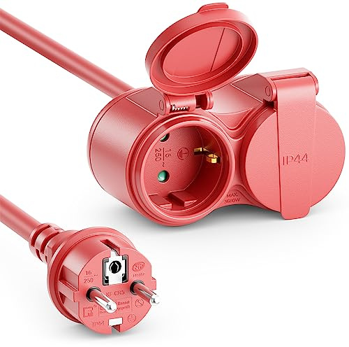 deleyCON 10m Outdoor Verlängerungskabel Stromkabel IP44 (H07RN-F 3G1.5mm²) Strom Verlängerung Witterungsbeständiges Gummi-Kabel für Außenbereich - Schutzkontakt Stecker auf 2X Buchse - Rot