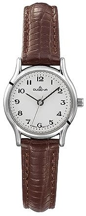 Dugena Damen-Armbanduhr Vintage, Quarzwerk, Edelstahlgehäuse, Mineralglas, Lederarmband, Dornschließe, 3 bar, Farbe:Silber