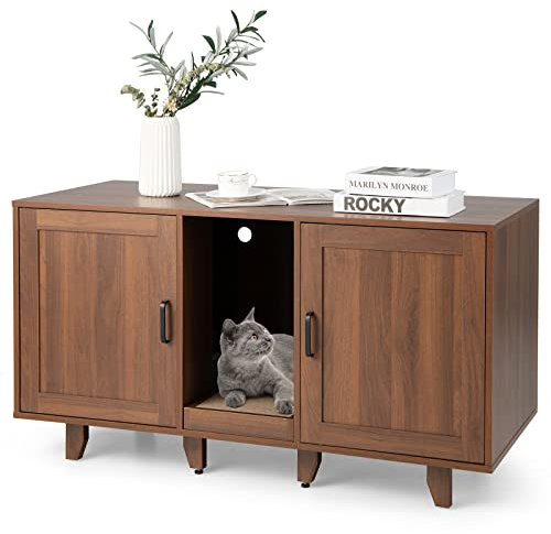 COSTWAY Meuble Litiere Chat en Bois, Cache Litiere Chat Double Porte 3 en 1, Planche à Griffer, 6 Pieds Surélevés Amovibles, 6 Passe-Câble, Maison de Toilette Chaton, 120 × 52 × 65 CM, Brun