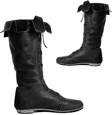 Stivali in pelle PU - Lunghezza al ginocchio lacci UP Shoes - Renaissance Medieval Cosplay Halloween Boots Long Tubular Boots,Nero,44