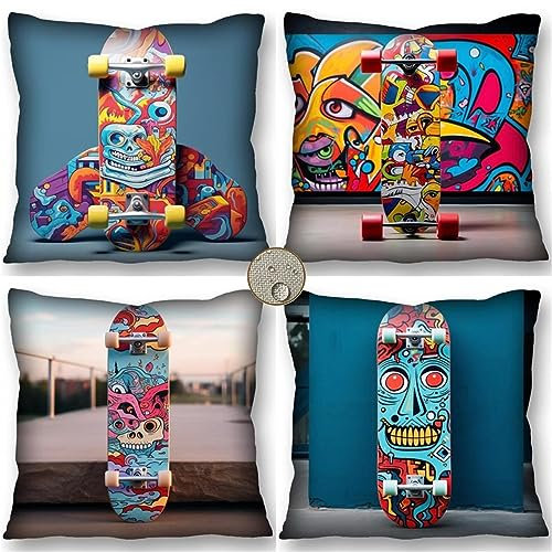 Wohnwagen Deko Kissen 55x55 cm Exklusiv Skateboarden Kissenbezug für Dekorative Wohnzimmer und Schlafzimmer - Kopfkissen Outdoor Dekokissen Wetterfest, Ideal für Garten Sofa und Terrasse in Straße