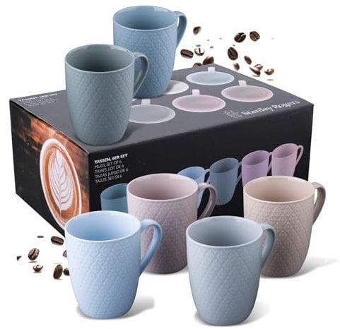 Stanley Rogers Set di 6 tazze Tazze da caffè dal moderno design a diamante - Materiale New Bone di alta qualità in colori pastello - Perfette per caffè, tè o cacao - Volume 340 ml