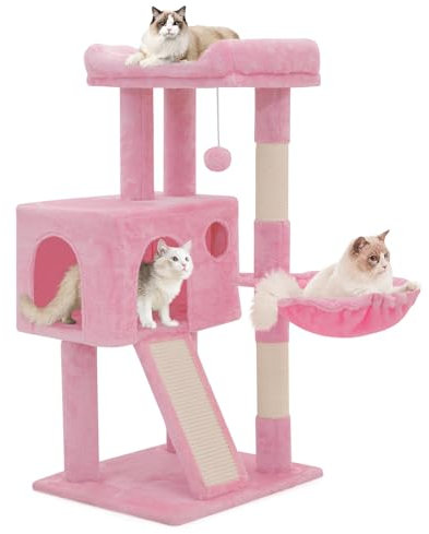 MoNiBloom Cat Tree, 36 Inch Cat Tree Tower with Cat Condo, Small Cat Tower with Scratching Post & Sisal-Covered Scratching Board, Cat Climbing Tower with Hammock, Cat Tree for Indoor Cats, Soft Pink
