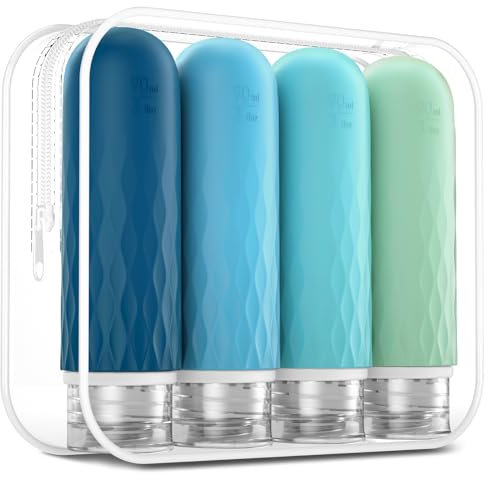 Gemice Travel Bottles for Toiletries, CAA Approved 90ml Silicone Travel Bottles, BPA Free Leak Proof Squeezable Travel Size Containers, Travel Accessories for Shampoo Conditioner Lotion (4 Pack)