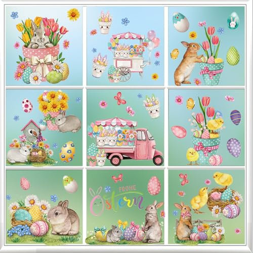 9 Blätter Fenstersticker Ostern Selbstklebend, Fensterbilder, Wiederverwendbare Fensterdekoration Mit Hasen Ostereier, Fensteraufkleber Für Kinder, Fenster Aufkleber Deko