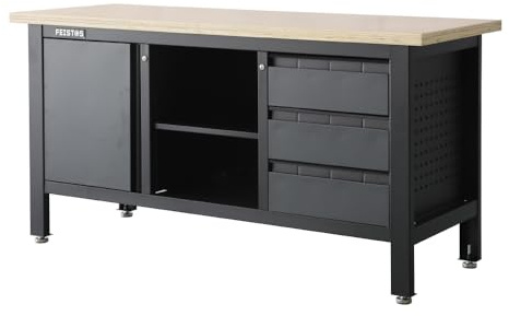 FEISTOS Werkbank Heros 1, 169x60x87 cm, 38 mm Arbeitsplatte | Werkbank mit drei Schubladen, einem Schrankelement und 350 kg Gesamttraglast, seitlicher Lochwand und verstellbaren Füßen.