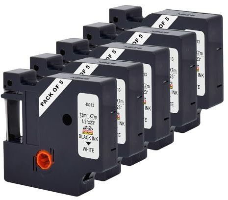 Double Dragon Compatible Dymo D1 Label Tape 45013, A45013, S0720530 | Refill for LabelManager 160 210D 280 360D 420P, LabelWriter 450 Duo, LabelPoint 100 150 250 | Black on White 12mm x 7m (5-Pack)