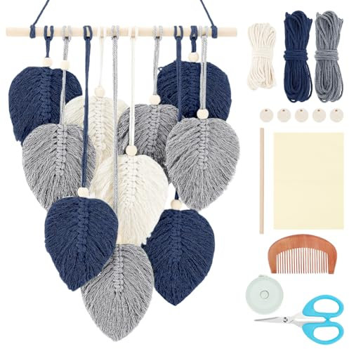 FREEBLOSS Set Macramé Feuille Kit Feuille Macramé Kit de Suspension Murale Macramé Feuille Macramé Feuille Bleue Kits de Macramé pour Débutants Tapisserie de Feuilles de Macramé