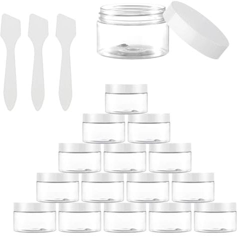 LEEQBCR 15 pcs 3g/3ml Pots en Plastique vides + 3 Petites cuillères Transparentes,échantillon de Pots de crème avec Couvercle à vis,récipients de Voyage en Fer-Blanc,cosmétique baume à lèvres crèmes