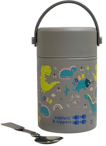 tiddlers & nippers Stainless Steel Vacuum Insulated Double Wall Kids Reusable Food Flask 500ml Capacity | Keeps Cool for 20hrs & Warm for 10hrs+ (Dinky Dinos)