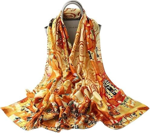 TQVLNMCR Seidenschal. Klimts goldener „Lebensbaum“. 180 x 90 cm. Fällt wunderschön und verleiht jedem Outfit einen Hauch von Finesse. for formelle und informelle Anlässe.