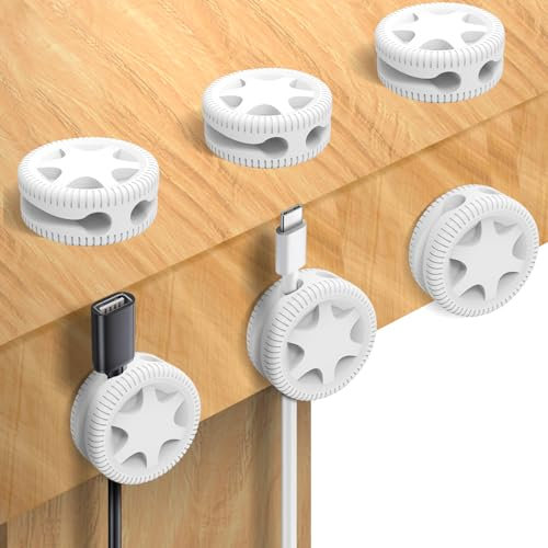 shinfly 6-Pack Cable Clips – White Desk Cable Organizer with Dual Grooves, Self-Adhesive Wire Holder for USB Charging Cable, Earphone Cable