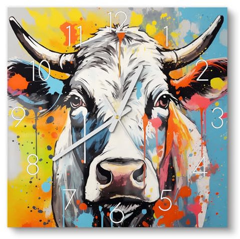 DEQORI Glasuhr | 30x30 cm | Motiv Farbenfrohe Kuh | ausgefallene leise Design Uhr aus Glas | Wanduhr für Wohnzimmer & Küche | Moderne Hingucker Uhr für die Wand