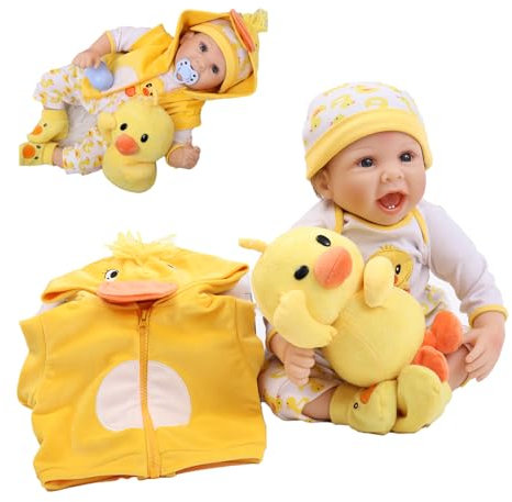 RUNGQIANY Bambole Reborn Maschio - 22 pollici Realistico bambole reborn Regali di giocattoli per bambini e bambine Bambola con Animali di Peluche Gialli, Vestito con Cappuccio Giallo Regali di Natale