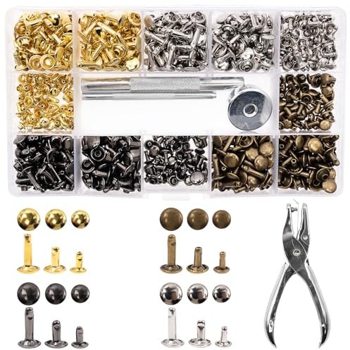 360 Set Leather Rivets, 3 Sizes Double Cap Tubular Rivets Set with Punching Pliers and 3 Fixing Tools Kit for DIY Leather Crafts Decoration(4 Colors)