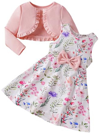 JiAmy Set di vestito e cardigan per bambine a maniche lunghe, cappotto lavorato a maglia, senza maniche, con stampa floreale, con fiocco, 2 pezzi, per bambine da 12 mesi a 7 anni, rosa, 6-7 Years