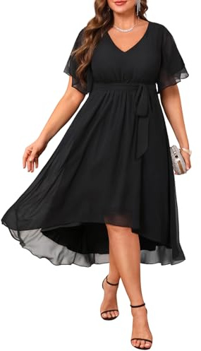 Talisea Plus Size Wedding Guest Dress - Formal Cocktail Dress Chiffon V Neck Short Sleeve High Low Curvy Women Dresses