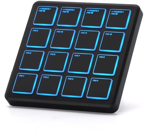 M-WAVE Kabellose MIDI-Controller-Pads, 10,4 x 10,4 cm, 0,1 kg, Bluetooth, tragbarer USB-MIDI-Controller mit 16 MPC-Drum-Pads, Notenwiederholung, volle Level-Tasten, wiederaufladbarer Akku (schwarze
