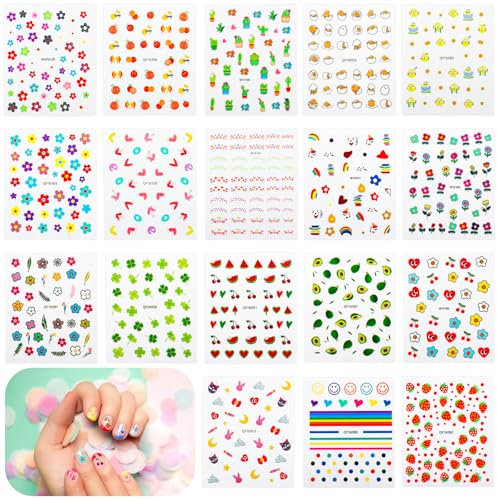 18 Blatt Nagelsticker Süß, Nagelaufkleber Selbstklebend, Nagellack Kinder, Fingernägel zum Aufkleben Kinder, Blätter Tiere Pflanzen Früchte Nail Sticker Deko für Nagelstudio Mädchen
