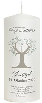Liamoria® Konfirmationskerze Lebensbaum mit Namen, Datum und Spruch - Modell Christoph - Andenken und Konfirmationsgeschenk (20 x 8 cm)