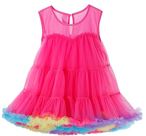 LACOFIA Vestido Tutú Niña con Capas de Tul Suave Vestido Verano de Princesa para Cumpleaños Bodas Fiesta Fucsia 6-7 años