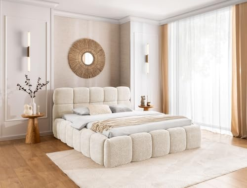 FURNISTAR Polsterbett Sofia 140x200 mit Bettkasten, Doppelbett mit Stauraum und Lattenrost, Boxspringbett-Optik, ohne Matratze, Bett - Creme