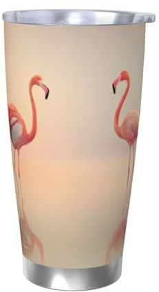 XKBFKLKMC Flamingo Isolierter Edelstahlbecher mit Deckel und Strohhalmen, doppelwandiger Vakuum-Kaffeebecher, Thermobecher für kalte und heiße Getränke, wiederverwendbarer Metallstrohhalm und Bürste