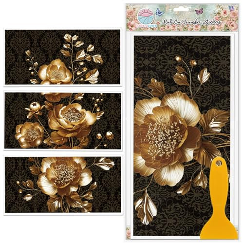 GLOBLELAND 3 Stück Bunte 3D Transferfolien Mit Goldenen Pfingstrosenblüten Zum Aufreiben Retro Blumen Möbeldekor Transferfolien Vintage Blumen Aufkleber Für Schlafzimmer Wohnzimmer Schreibtisch