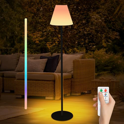 Solare Outdoor-Stehlampe Höhenverstellbar - USB-Schnellladefähig Kabellos, Dimnbar mit RGB & Warmweiß LED für Garten Terrasse Biergarten, 150 cm Schwarz mit Massivem Rundfuß