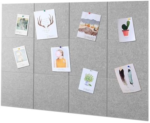 LUPATDY Lot de 12 grands tableaux d'affichage 120 x 90 cm - En feutre autocollant - 30 x 30 cm - Panneaux acoustiques - 0,9 cm d'épaisseur - Pour studio, bureau, cuisine - Gris argenté