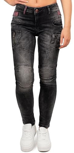 Cipo & Baxx Damen Jeans Slim & Regular Fit Stretch Used Look | Stylische Hosen mit Ziernähten, Zippern, bequemer Passform, modischem Design für Alltag und besondere Anlässe