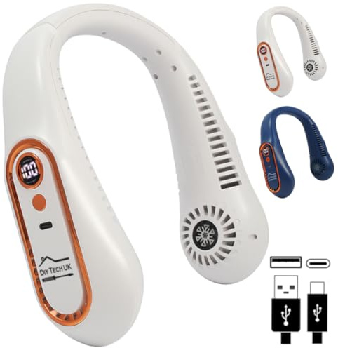 DIY TECH UK - CoolBlast Dual Action - Ventilatore da collo ricaricabile tramite USB - Regolabile - Ventilatore da collo portatile senza pale senza mani - 5 velocità - Indossabile per sport, viaggi