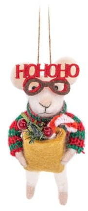 Sass & Belle Filz Maus Weihnachtsbaum Deko Festlicher Charakter mit Strickpullover und Ho Ho Ho Brille 13x6cm