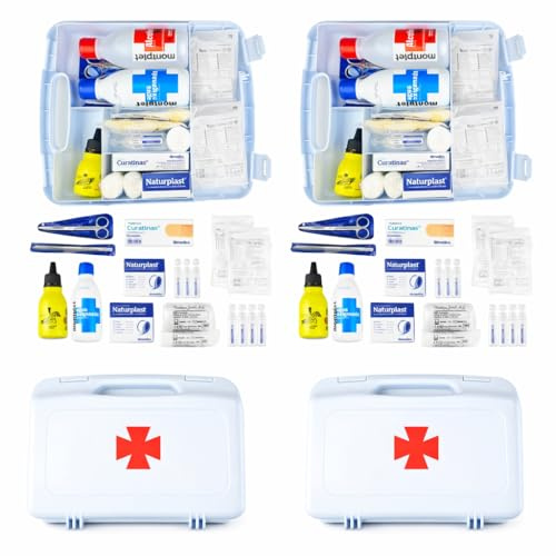 Pack de 2 botiquines FERRETELIX® con material básico de primeros auxilios. Maletines compactos de 26 × 23 × 7 cm, ideales para empresa, oficina, hogar, taller, vehículo o almacén.