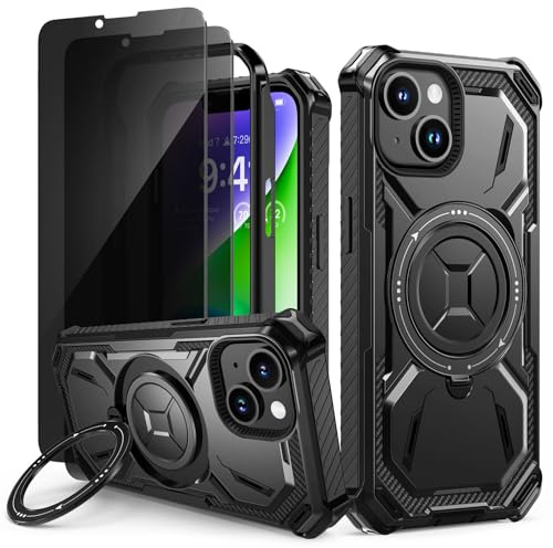 Lanhiem für iPhone 13 Hülle, iPhone 14 Hülle, mit 2 Stück Sichtschutz Glas | 360° Ring Ständer Schutzhülle, Robust Bumper Panzerhülle, Militärischer Stoßfest Handyhülle für iPhone 13/14 Case, Schwarz