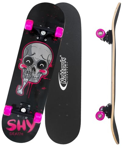 Nattork Skateboard completo da 78,9 cm con ruote in PU, 9 strati in legno di acero canadese per ragazzi, ragazze, ragazzi, adolescenti, regalo per principianti, teschio rosa
