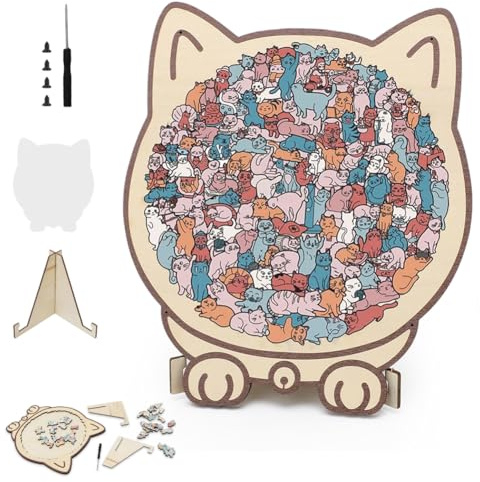 CEWROM Puzzle in legno per adulti, 135 pezzi Morandi colori legno a forma di gatto, puzzle irregolare con cornice a forma di gatto, regali amanti dei gatti