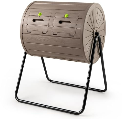 COSTWAY Composteur de Jardin 142 L à Double Chambre, Bac à Compost Cadre en Métal Rotatif 360° avec 2 Portes Verrouillables sans BPA, pour Déchets de Cuisine Cour Jardin (Marron)