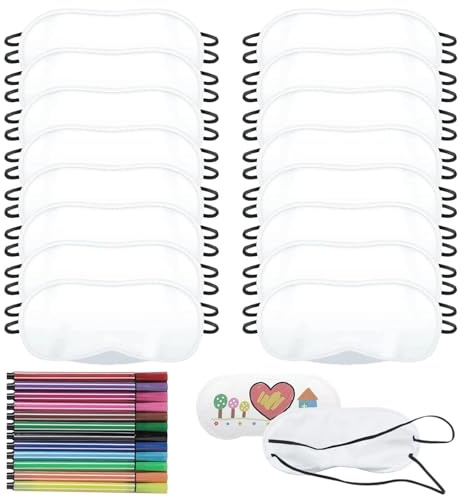 16 Stück Bemalbare Schlafmasken mit 12 Farbstiften Weiche | Komfortable Kinder Übernachtungsparty Mädchen Zubehör für Pyjama Party Reise Spa, Weiche Polyester Augenmaske