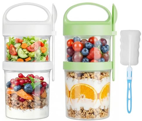 2Pack Large Overnight Oats Jars with Lids and Spoon, 560ml+360ml, Leak-Proof Cereal Cup on the Go, BPA-Free, Double Layer Dry Wet, Reusable Yoghurt Containers for School, Office, Picnic with Cup Brush