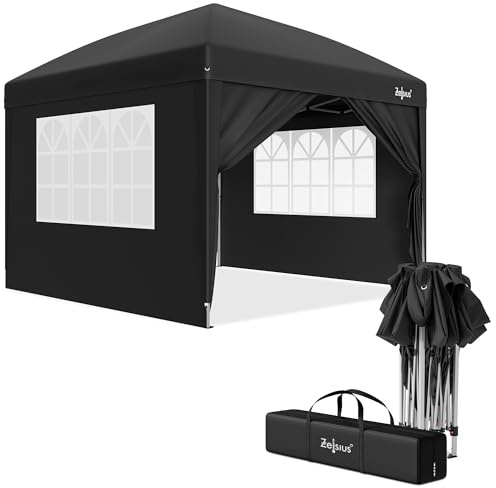 Zelsius Faltbarer Pavillon 3x3 m mit Seitenwänden | Schwarz | Pop-Up Faltpavillon UV30, Gartenzelt faltbar, Klapp Partyzelt mit Seitenwänden | Unterstand für Garten, Sonnenschutz, Gartenpavillon