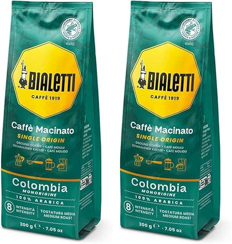 Bialetti Caffè Macinato Monorigine Colombia 100% Arabica 200g Tostatura Media Intensità 8 (Confezione da 2)