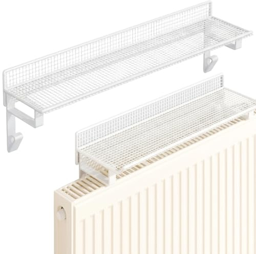 Uanqfegy White Metal Radiator Shelf with No Drill Installation – Sturdy Space-Saving Radiator Cover Shelf Storage Organizer for Home