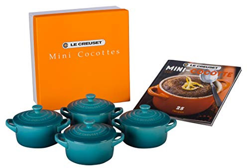 Le Creuset Lot de 4 mini cocottes en grès avec livre de cuisine, 237 ml chacune, Caraïbes