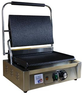 L2G - Professioneller Panini-Grill - Edelstahlgestell + Gusseisenplatte mit Keramikbeschichtung - Fettauffangschale Thermostat bis 300°C - Grillfläche 34 x 23 cm