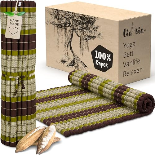 livasia Rollmatte XXL breit Doppelbett - 200x145x4,5cm - Gästebett Gästematratze 2 Personen mit Muster, Reisebett für Kofferraum und outdoor, Thaimatte Kapok Garten und Balkon (Braun/Grün)
